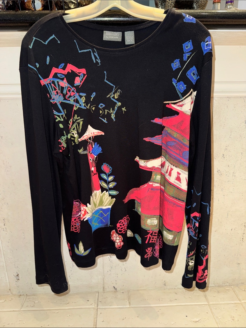 Chico's Size 3 (XL) Artsy Graphic Print Long Sleeve Top 100% Cotton